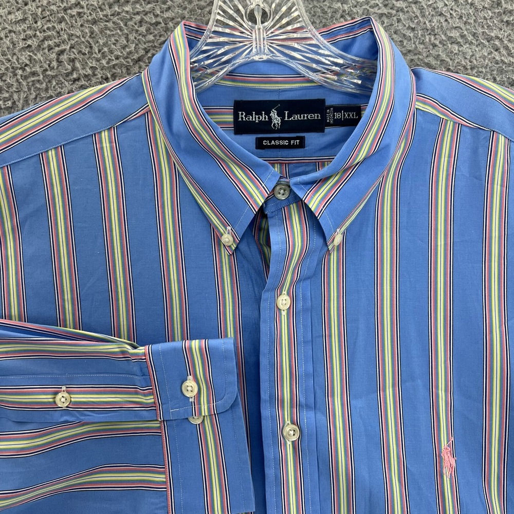 Polo Ralph Lauren‎ Men's 18 XXL Classic Fit Blue Striped Dress Shirt Long Sleeve